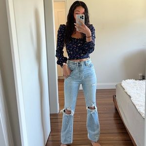 Reformation Long Sleeve Square Neckline Floral Crop Top XS